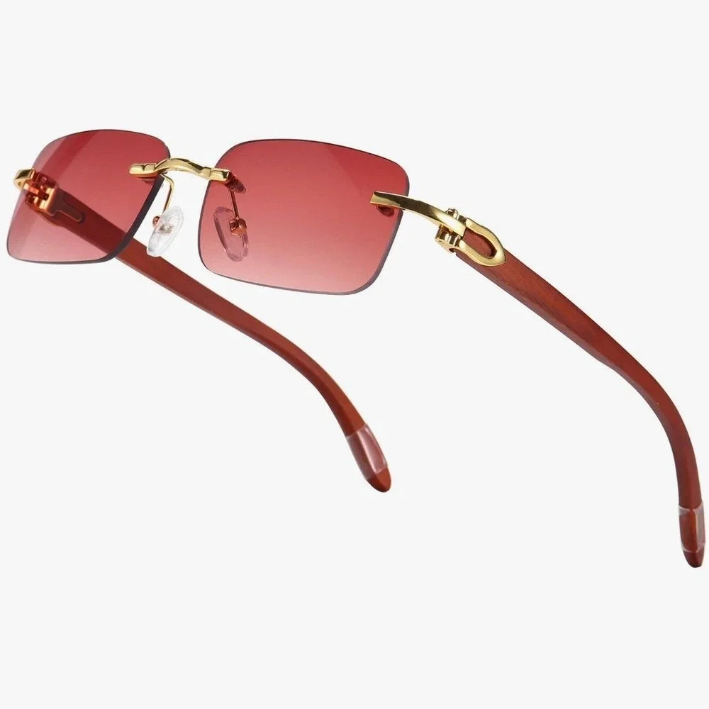 Rimless Sunglasses‎ Pink Lens Wood Arms Gold Accents Men's Classic Retro Gafas